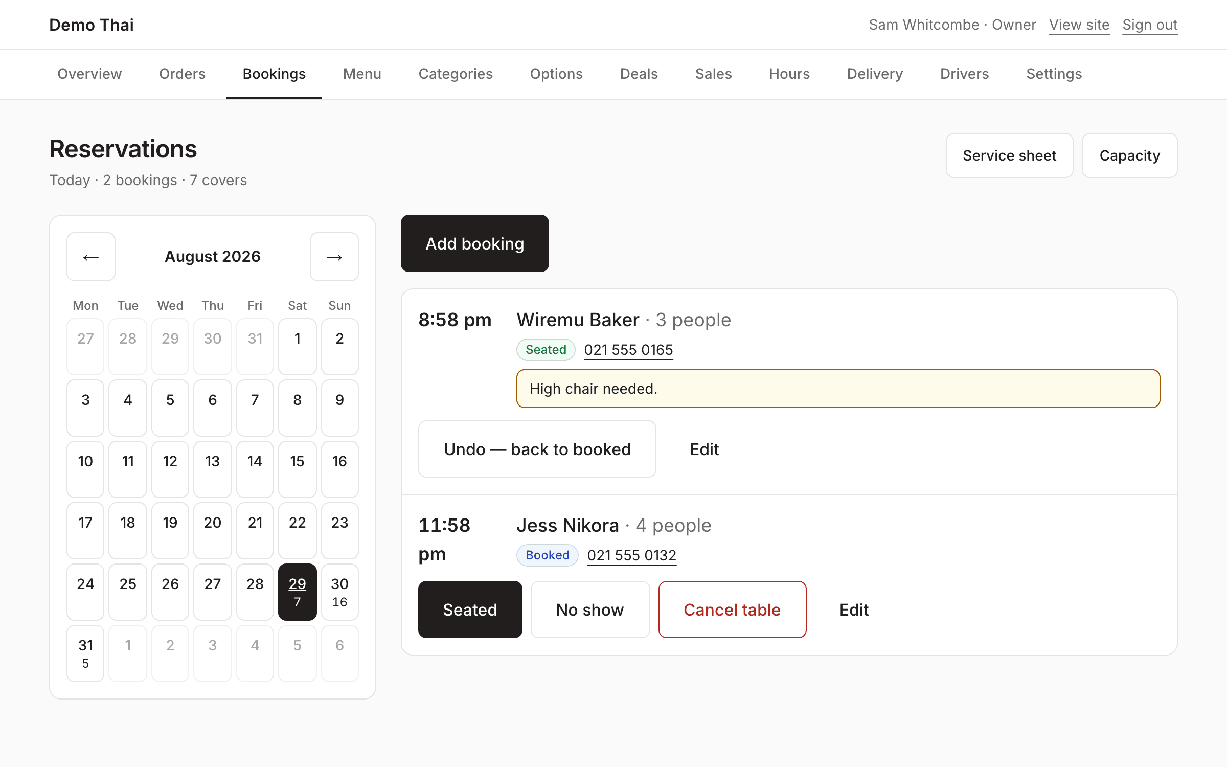 The bookings screen showing a day's reservations with party sizes and times.