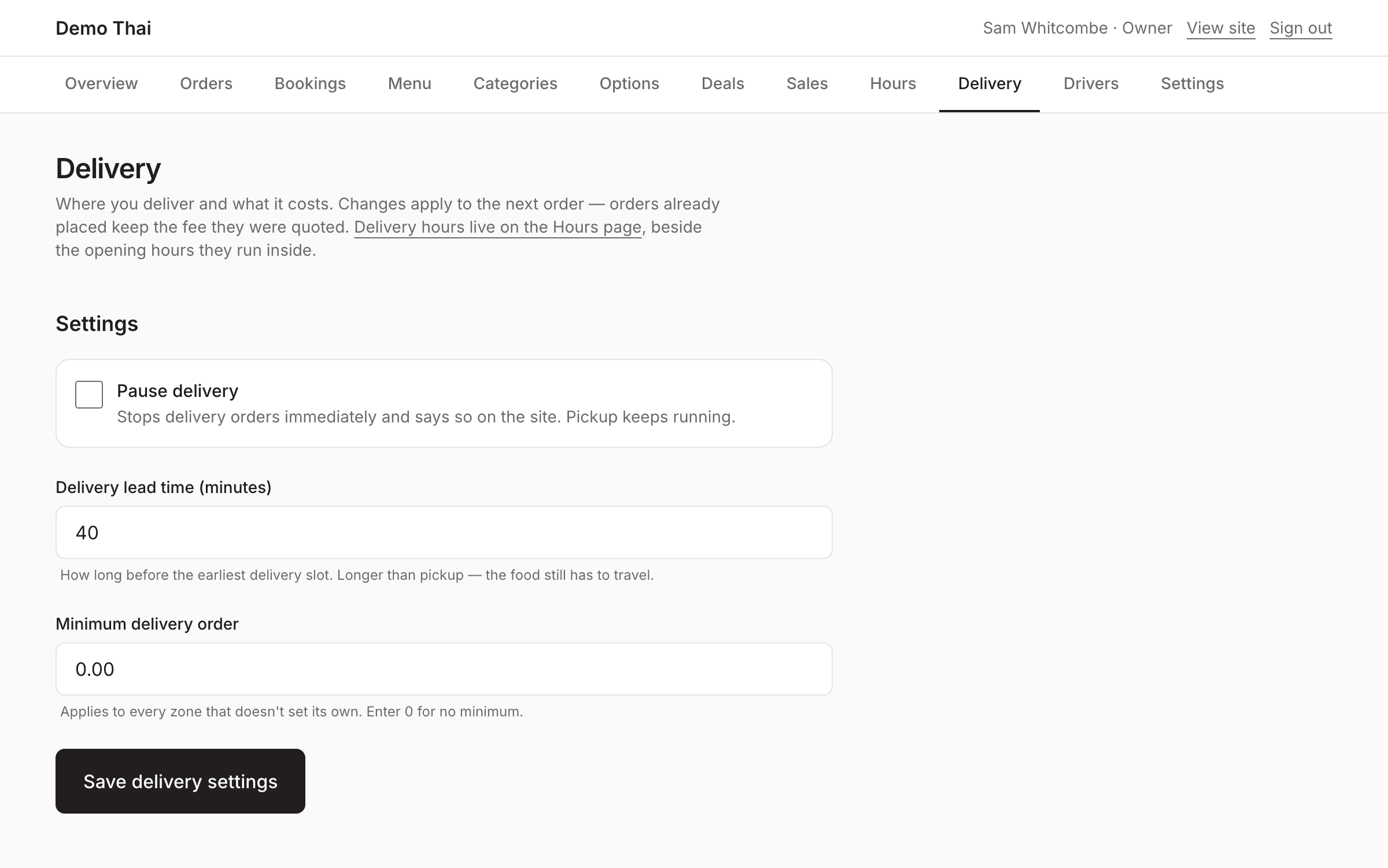 The delivery screen listing suburbs with a fee and a minimum order against each.