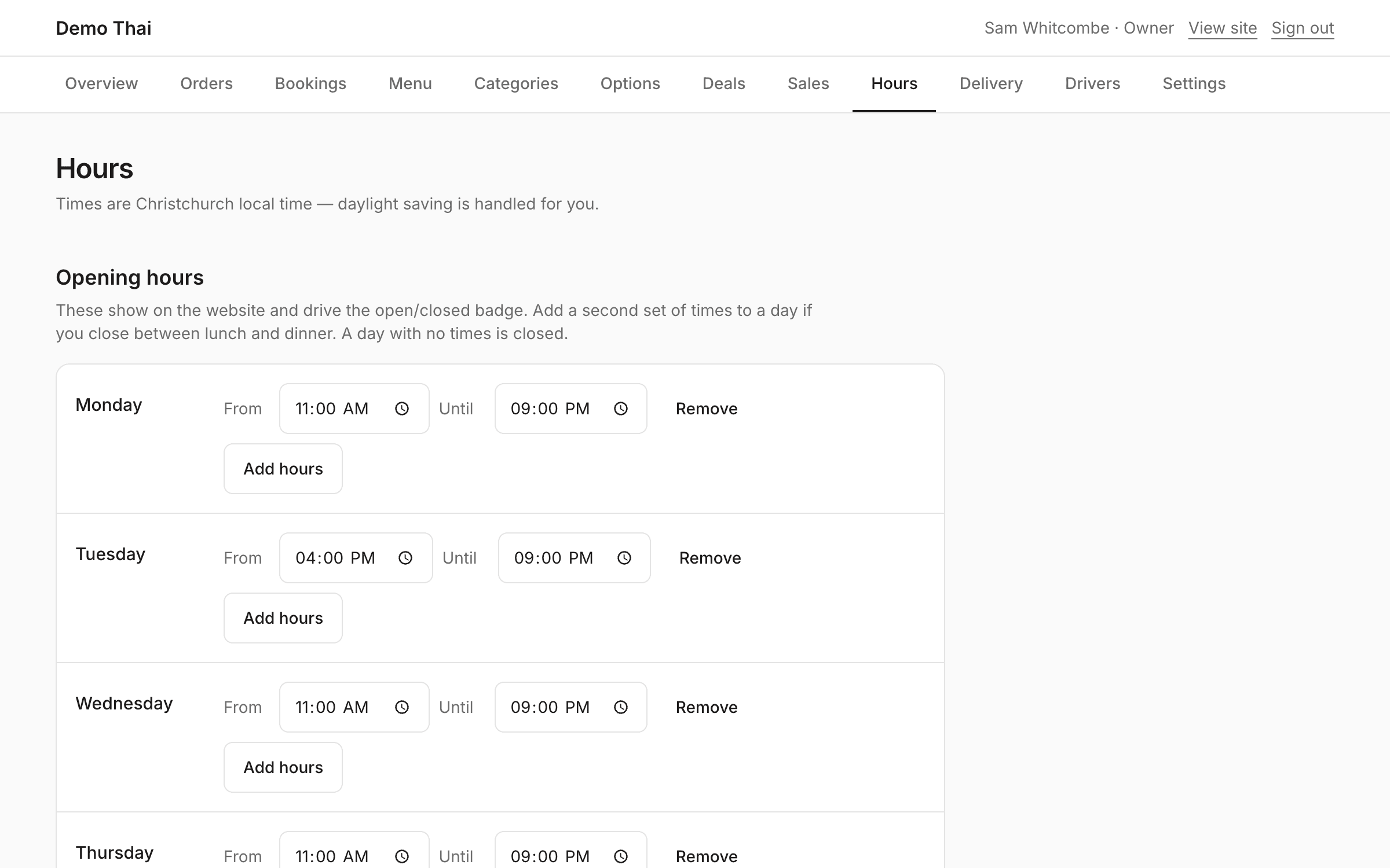 The opening hours screen, a row per day, with a section for date-specific changes.