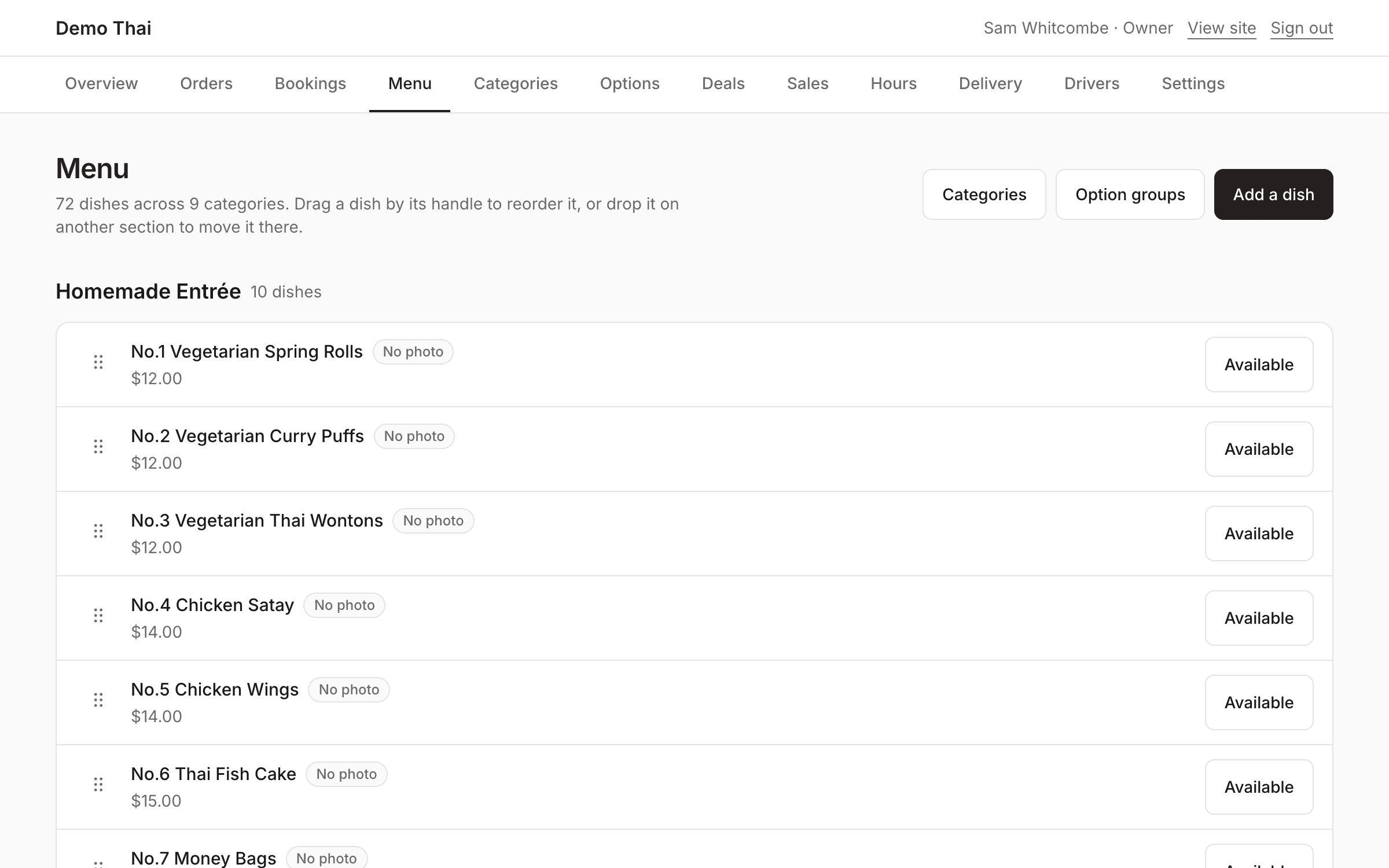 The dashboard's menu manager, listing categories and dishes with edit controls.