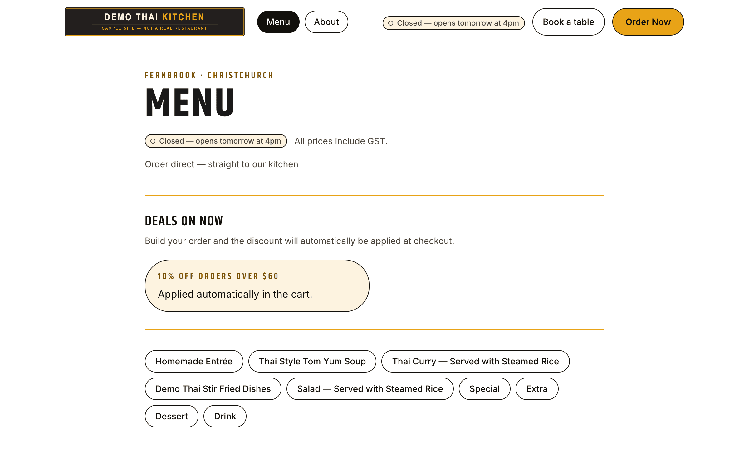 The menu page, dishes grouped under category headings with prices and dietary tags.