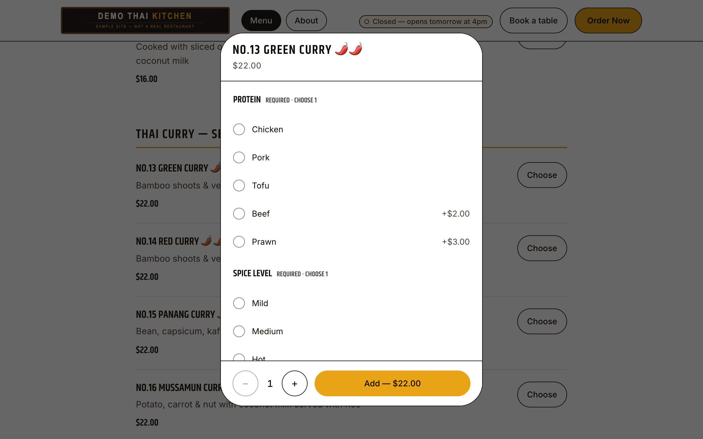 A dialog over the menu asking for protein, spice level, extras and rice, with prices beside some options.