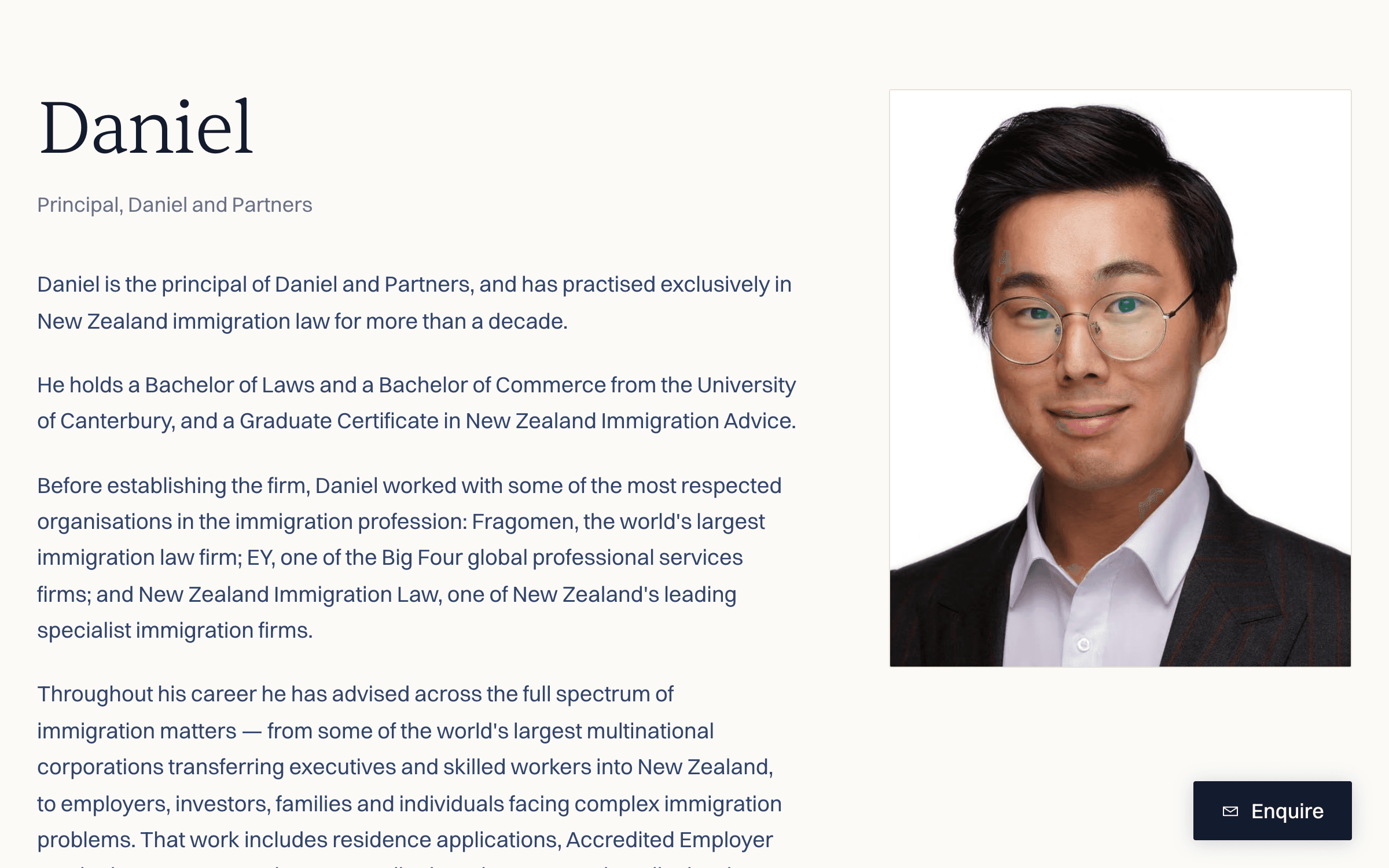 The lawyer's page: a portrait beside a biography giving his qualifications and the firms he worked at before.