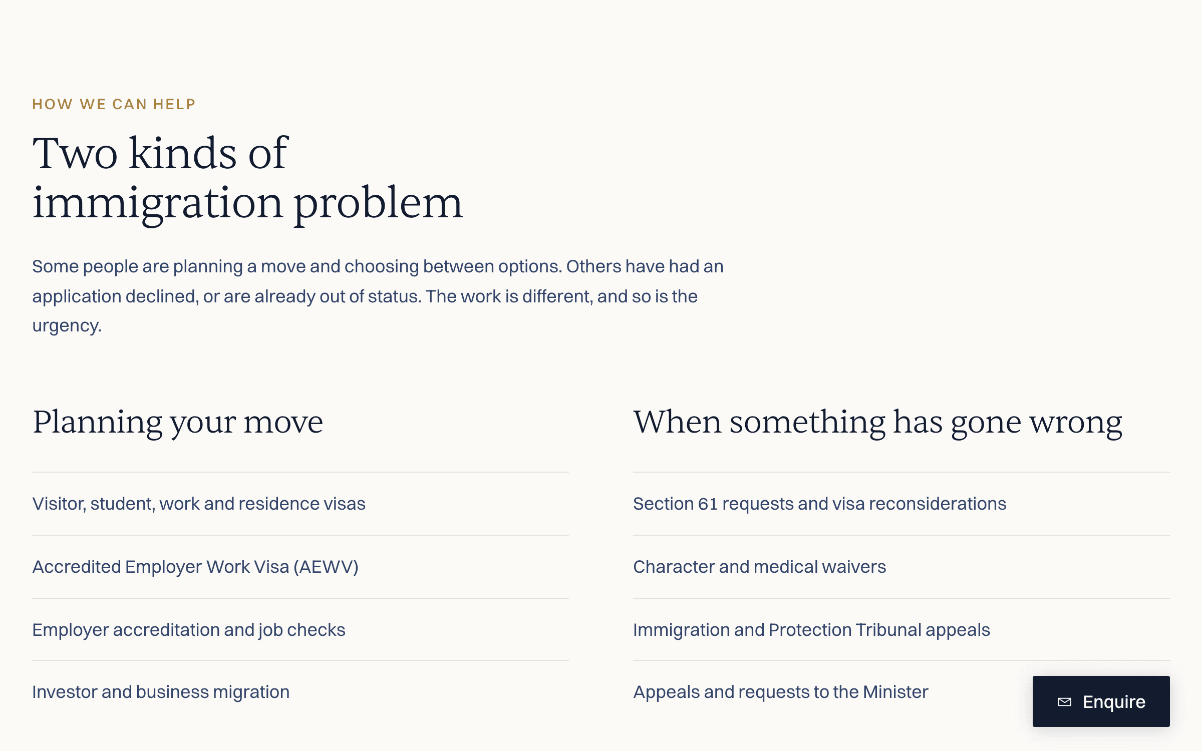 A home page section headed "Two kinds of immigration problem", splitting into a column for planning a move and a column for when something has gone wrong.