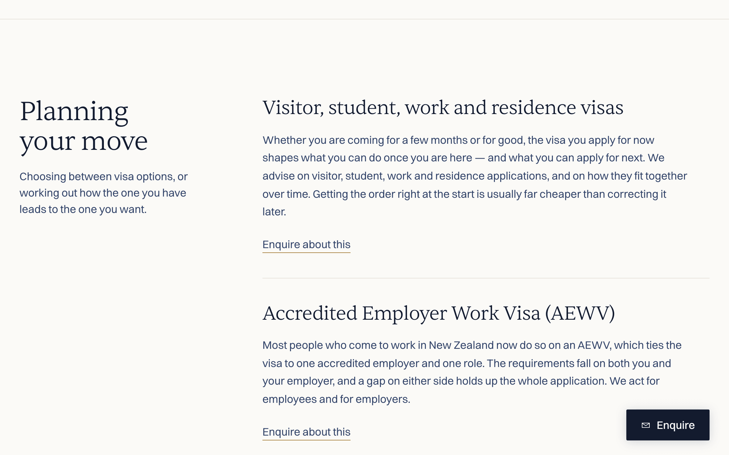 The services page: each area of work given a heading, a paragraph of plain explanation, and its own "Enquire about this" link.
