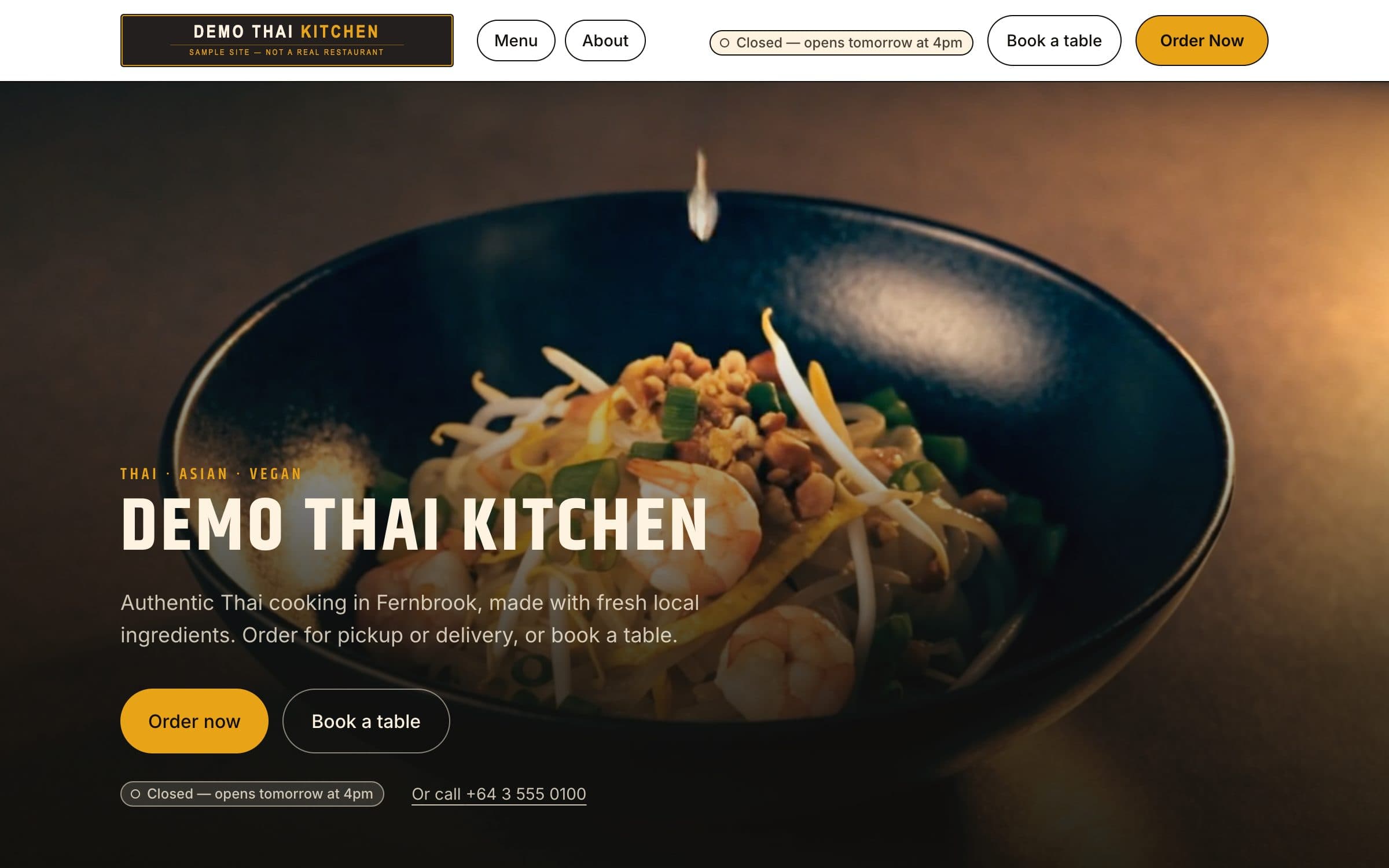 The restaurant's home page: a bowl of pad thai behind the restaurant's name and an order button.