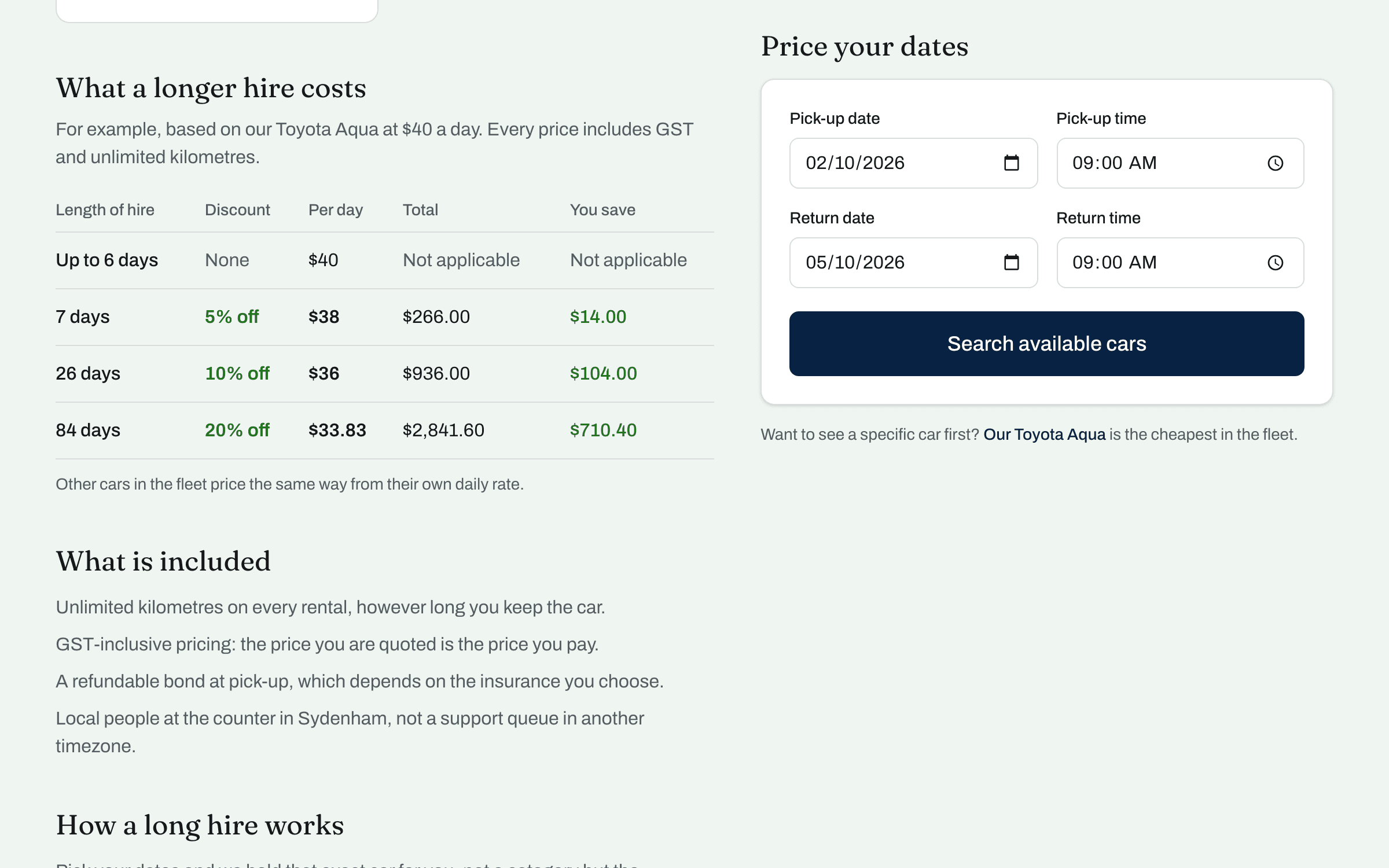 The long-term rental page: a table of hire lengths from under a week to 84 days, with the discount, daily rate, total and saving for each, beside a date search.