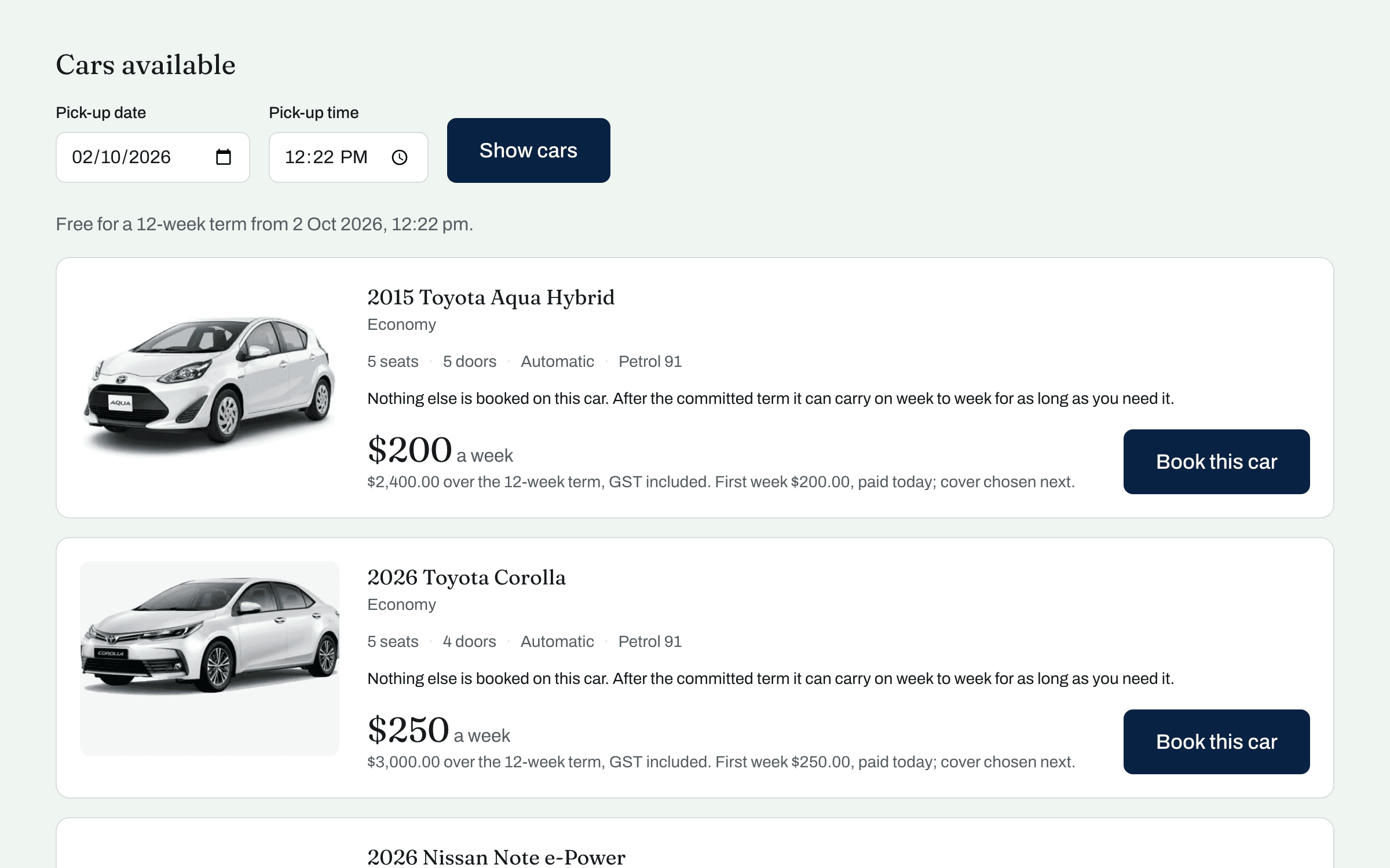 The rideshare page listing cars at a weekly price over a 12-week term, each with a book button.