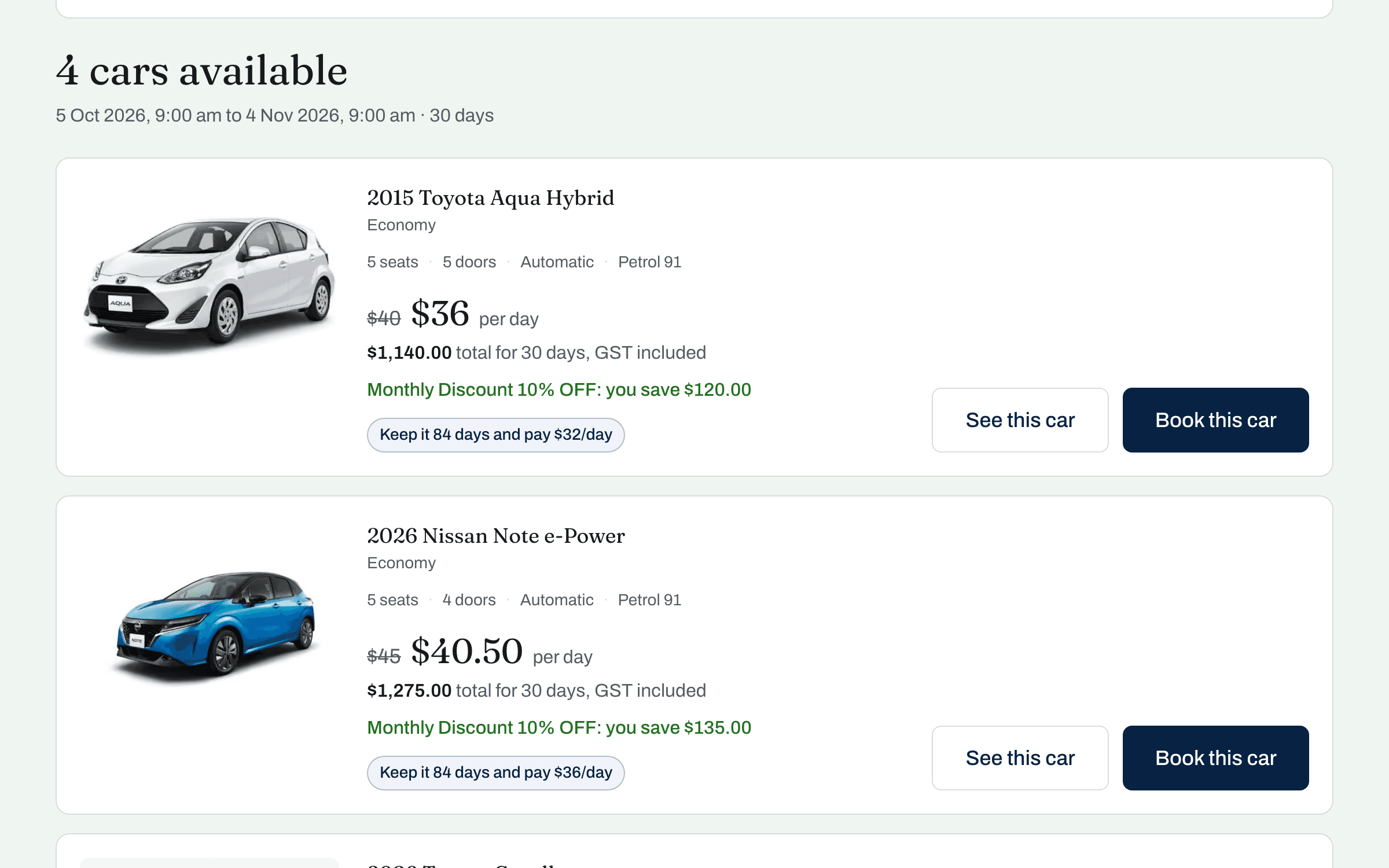 Search results for a 30-day hire, each car showing its usual daily rate struck through beside the discounted one, a total, and the saving.