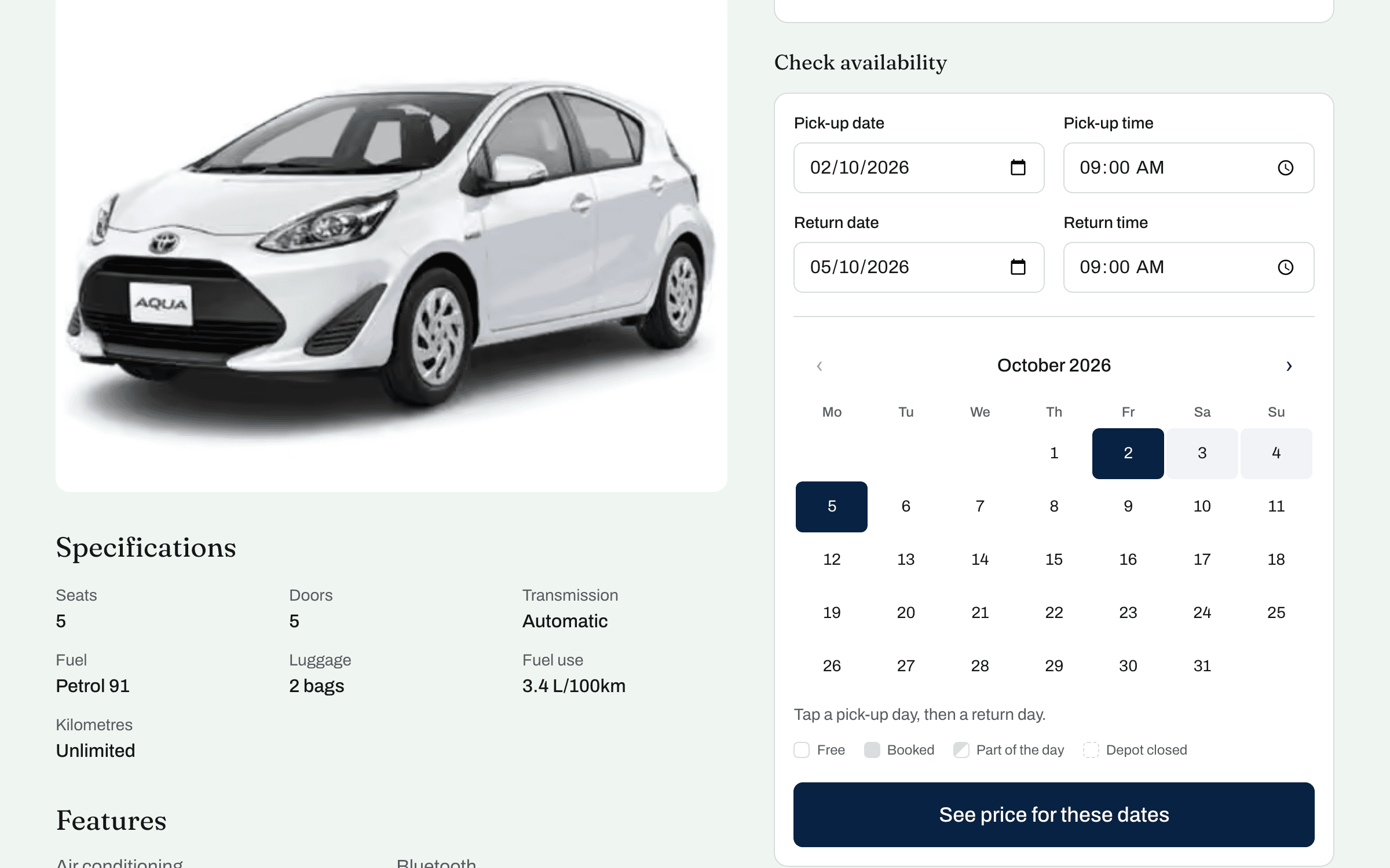 A car's own page: its photo and specifications beside a month calendar marking which days it is free.